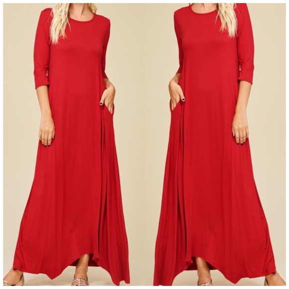 New Solid Red Maxi 3/4 Sleeves Side Pockets sm/xlg - Picture 5 of 5